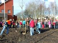 Wijkwethouder Alex Langius poot met hulp van drie leerlingen van de Marskramer een boom